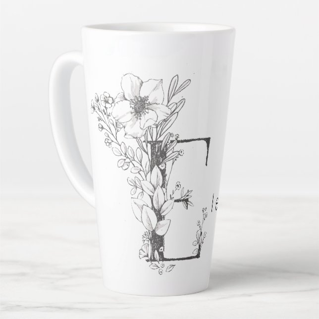Caneca De Café Latte Monograma Botânico Floral "E" Texto Personalizado  (Ângulo esquerdo)