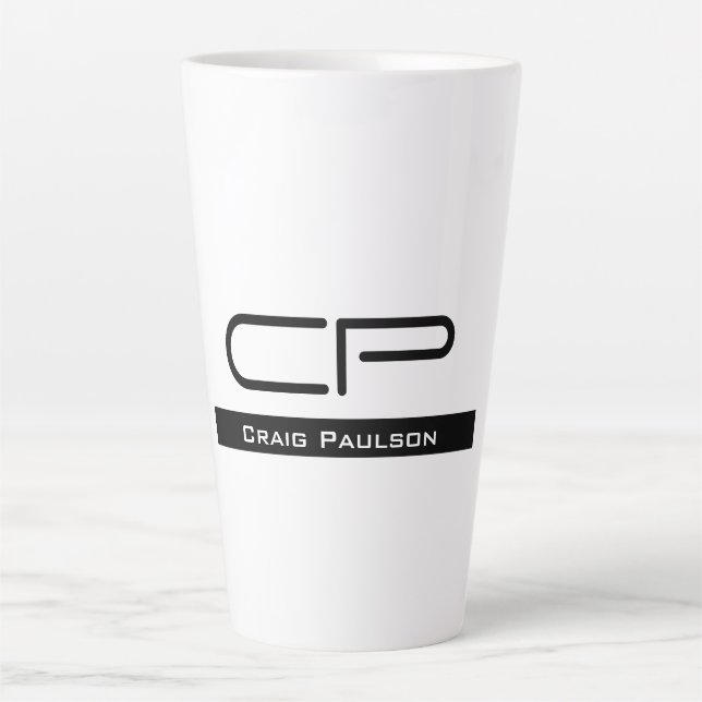Caneca De Café Latte Monograma Branco Preto Nome Simples Simples Comum  (Frente)