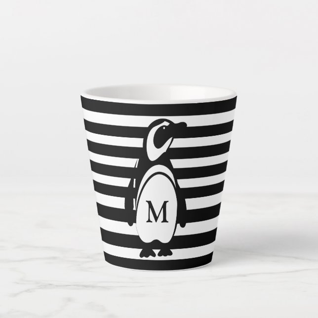 Caneca De Café Latte Monograma com risca branca e preto pinguim (Frente)