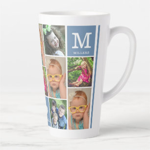 Caneca De Café Latte Monograma da Família Azul de Colagem de Fotos Per