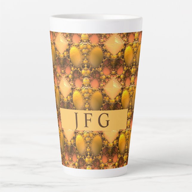 Caneca De Café Latte Monograma de Arte Fractal Amarelo Honeycomb (Frente)