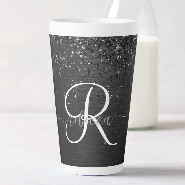 Caneca De Café Latte Monograma de brilho preto personalizado (Criador carregado)