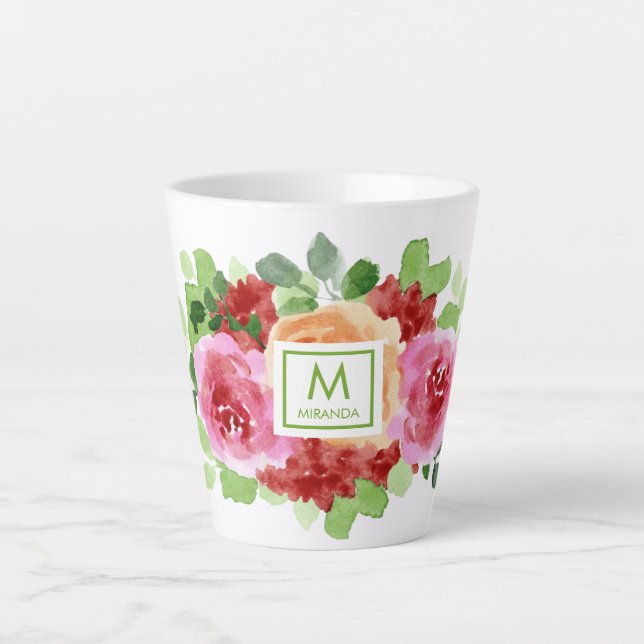 Caneca De Café Latte Monograma de Buquê Floral Elegante (Frente)