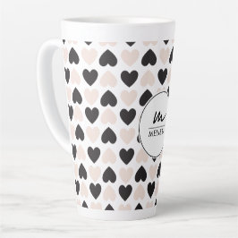 Caneca De Café Latte Monograma de Corações de Amor Preto Cor-de-Rosa Es