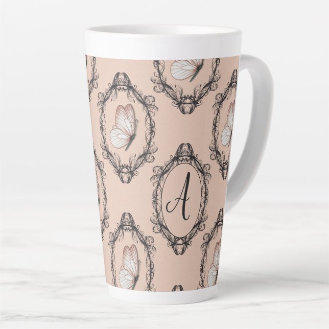 Caneca De Café Latte Monograma de Damasco Vitoriano Rosa-Rosa-Rosa-Eleg (Ângulo direito)