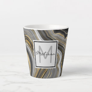 Caneca De Café Latte Monograma de Geode Moderno Dourado e de Cinza