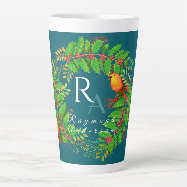 Caneca De Café Latte Monograma de Grinalda de Natal Azul Oceano (Frente)