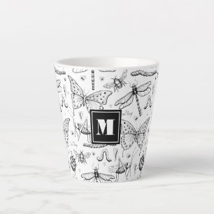 Caneca De Café Latte Monograma de Ilustração de Insetos Preto e Branco 