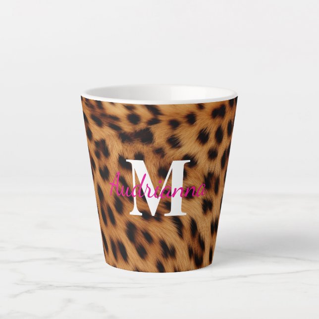 Caneca De Café Latte Monograma de impressão de animais leopardo (Frente)