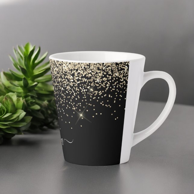 Caneca De Café Latte Monograma de Letra com Brilho Preto e Dourado Femi (Criador carregado)