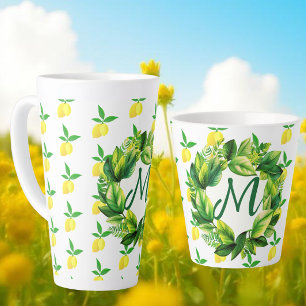 Caneca De Café Latte Monograma de Limões Amarelos