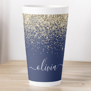 Caneca De Café Latte Monograma de Nome Glitter Azul Naval Dourado Femin