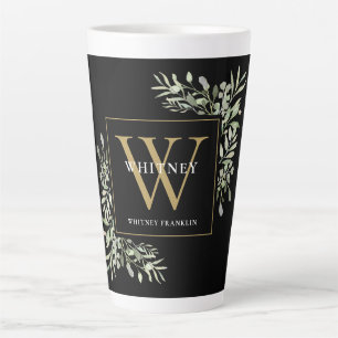 Caneca De Café Latte Monograma de Ouro Preto Elegância Moderna Folhagem