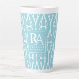 Caneca De Café Latte Monograma de Padrão Branco Azul Moderno