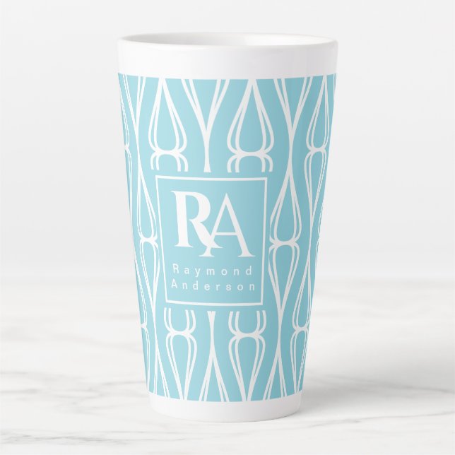 Caneca De Café Latte Monograma de Padrão Branco Azul Moderno (Frente)