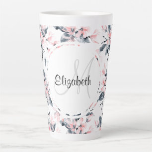 Caneca De Café Latte Monograma de Padrão Flor de Aquarela Rosa e Cinza