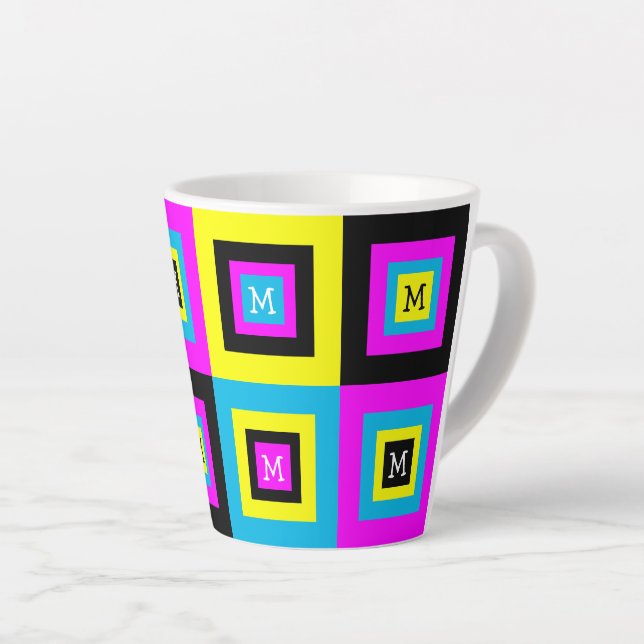 Caneca De Café Latte Monograma de Quadrados Geométricos CMYK (Ângulo direito)