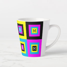Caneca De Café Latte Monograma de Quadrados Geométricos CMYK