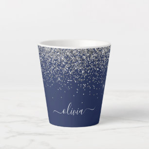 Caneca De Café Latte Monograma de Sparkle Azul Girly Marinho de Prata