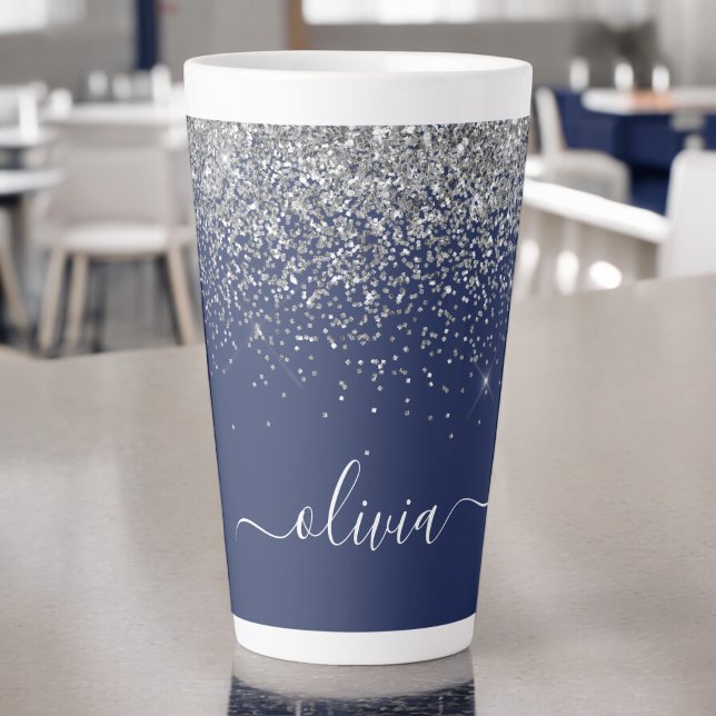 Caneca De Café Latte Monograma de Sparkle Azul Girly Marinho de Prata (Criador carregado)