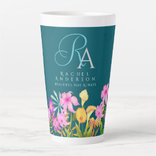 Caneca De Café Latte Monograma de Teal de Jardim Floral