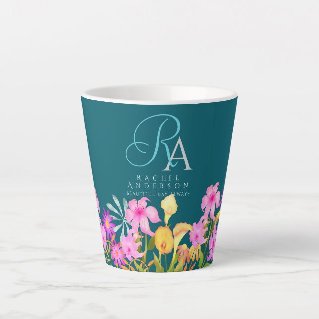 Caneca De Café Latte Monograma de Teal de Jardim Floral (Frente)