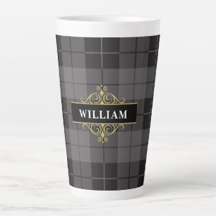 Caneca De Café Latte Monograma de Xadrez Dourada de Tartan Preto Elegan