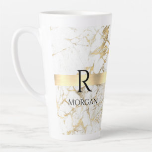 Caneca De Café Latte Monograma DIY Preto Texto, Mármore Branco e Dourad