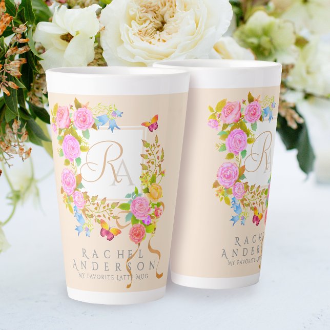 Caneca De Café Latte Monograma do Jardim Romântico Beige Latte Mug (Elegant romantic flowers monogram design.)