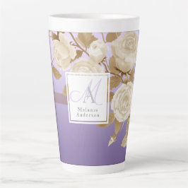 Caneca De Café Latte Monograma Dourado Roxo Elegante Rosa