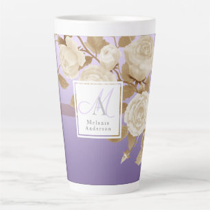 Caneca De Café Latte Monograma Dourado Roxo Elegante Rosa