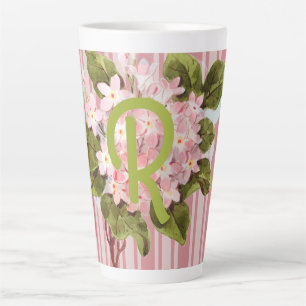Caneca De Café Latte Monograma e Flores em Listras Rosa