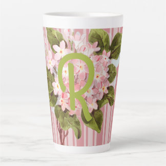 Caneca De Café Latte Monograma e Flores em Listras Rosa
