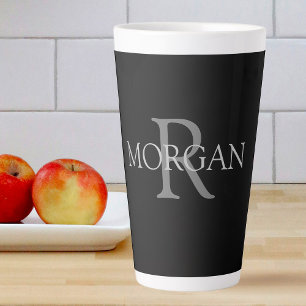 Caneca De Café Latte Monograma e Nome DIY, Texto Cinza Simples em Preto