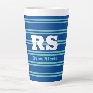 Caneca De Café Latte Monograma e Nome em Negrito, Linhas Azul Claro em