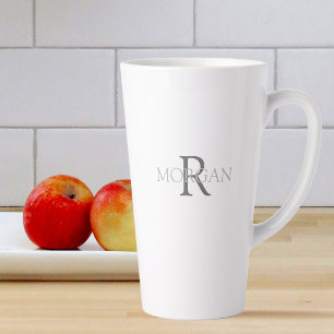 Caneca De Café Latte Monograma e Nome em Texto Cinza Design Simples e M