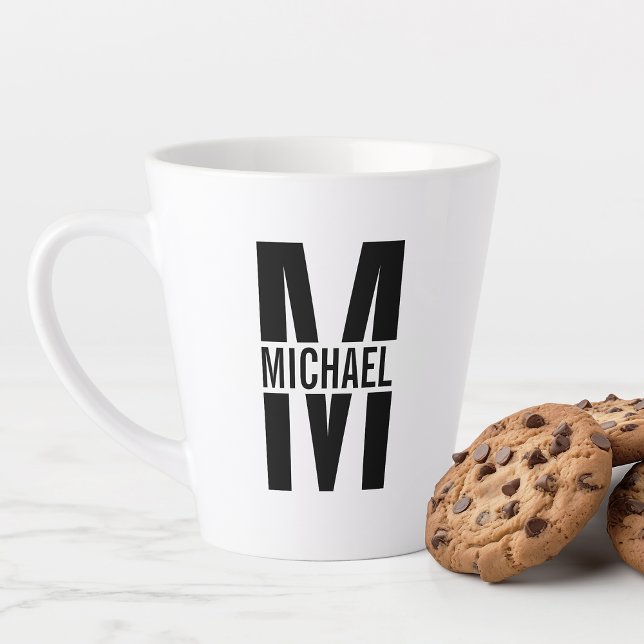 Caneca De Café Latte Monograma e Nome Negros e Brancos (Criador carregado)