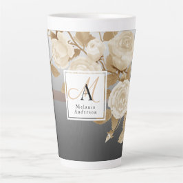 Caneca De Café Latte Monograma Elegante de Prata Dourada Rosa