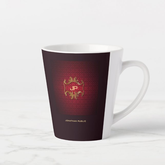 Caneca De Café Latte Monograma Elegante Red Damask Modelo Classic (Direita)