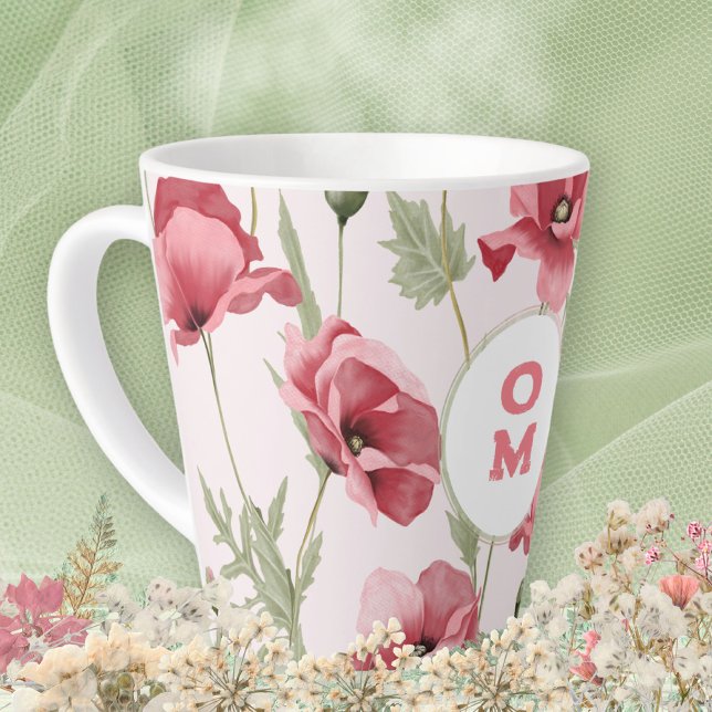 Caneca De Café Latte Monograma feminino elegante Pia rosa-flor-silvestr (Elegant Feminine Monogram Wildflower Pink Poppy Latte Mug ©Susanne Sachers - Sunny Mind 🌞)