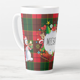 Caneca De Café Latte Monograma Festa de Natal Padrão Escocês