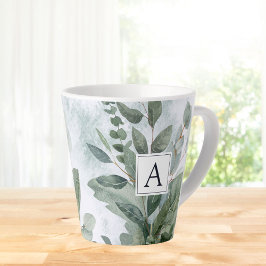 Caneca De Café Latte Monograma Floral Aquarela Folhagem Rústica Sage