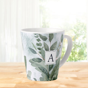 Caneca De Café Latte Monograma Floral Aquarela Folhagem Rústica Sage