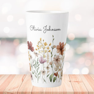 Caneca De Café Latte Monograma Floral Bonito de Aguarela de Flores Silv