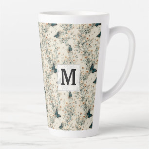 Caneca De Café Latte Monograma Floral de Borboleta Azul Vintage