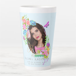 Caneca De Café Latte Monograma Floral de Fita de Costura Azul