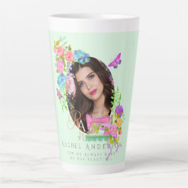 Caneca De Café Latte Monograma Floral de Fita de Costura Foto Verde