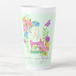 Caneca De Café Latte Monograma Floral de Friso de Costura Verde