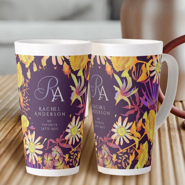 Caneca De Café Latte Monograma Floral Místico Bloqueado Lã Marrom (Blooming Mystical Floral Monogram Brown Latte Mug.)