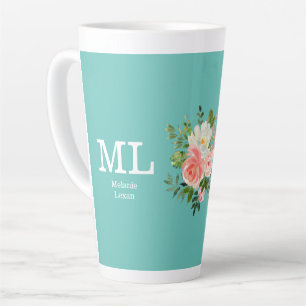 Caneca De Café Latte Monograma Floral Rosa e Azul Turquesa